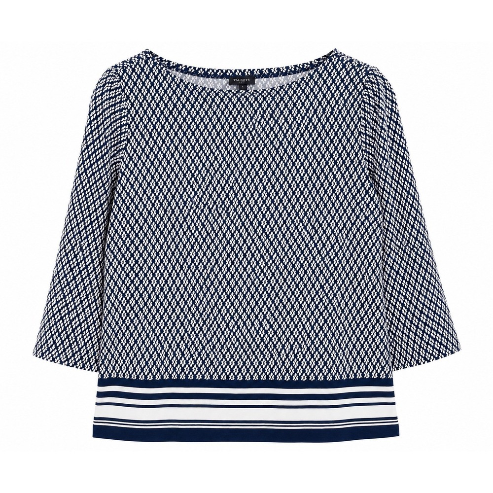 Ann Taylor Navy White Geometric Top Medium NWT 3/4 Sleeve Preppy Career MSRP $55